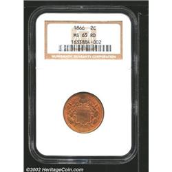 1866 2C MS65 Red NGC. Orange-red patina with undulating darker hues and a few streaks of green. Some