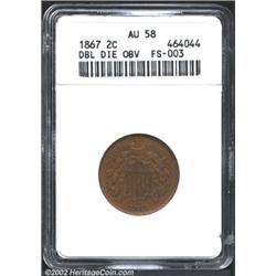 1867 2C--Doubled Die Obverse--AU58 ANACS. FS-3. IN GOD WE TRUST is die doubled with a very wide spre