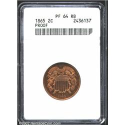 1865 2C PR64 Red and Brown ANACS. Predominantly gold in color, with wisps of violet patina in the ce