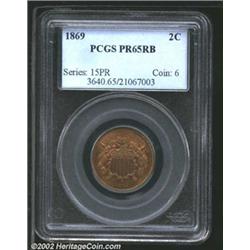 1869 2C PR65 Red and Brown PCGS. Even variegated dark red toning interspersed with some original lus