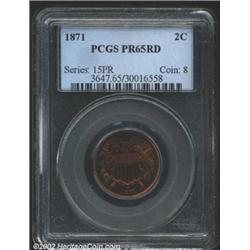 1871 2C PR65 Red PCGS. Rich sunset-gold color. A razor-sharp Gem with a nearly pristine obverse. The