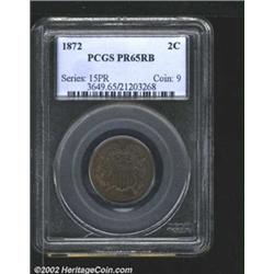 1872 2C PR65 Red and Brown PCGS. Luminous orange-gold intermingles with violet patina. A beautifully