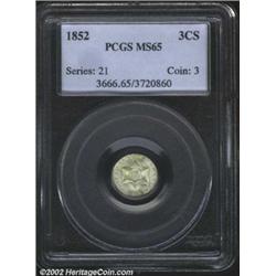 1852 3CS MS65 PCGS. Attractive, very lustrous snow white surfaces. The central obverse is somewhat s