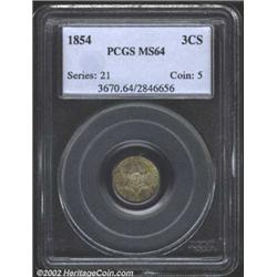 1854 3CS MS64 PCGS. Mottled yellow and red overlies the otherwise steely lustrous surfaces of this c