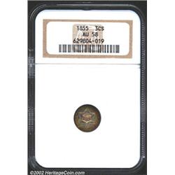 1855 3CS AU58 NGC. The margins have gorgeous sea-green, violet, and gold patina. A sharply struck Bo