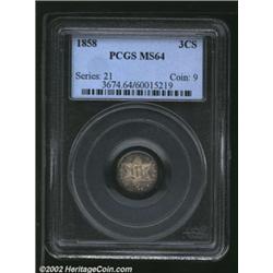 1858 3CS MS64 PCGS. The centers are lightly toned, while the borders have faint lilac patina. A mild