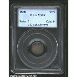 1858 3CS MS65 PCGS. We are fortunate to be offering Gem quality bookends to the Type Two Three Cent.