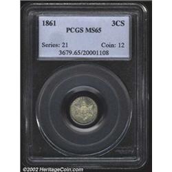 1861 3CS MS65 PCGS. Steely surfaces with very slight yellow and brown patination at the peripheries.