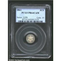 1861 3CS PR64 Cameo PCGS. Light milky yellow-gray patina. Well struck, and not far from pristine. A.