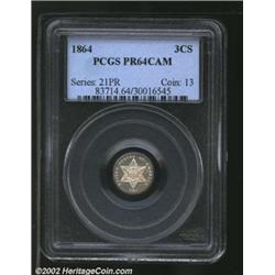 1864 3CS PR64 Cameo PCGS. A lightly toned near-Gem with a nice strike and a few pinprick planchet fl