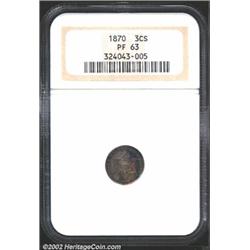 1870 3CS PR63 NGC. The mirrored fields flash rose, powder-blue, and gold colors. A well struck proof