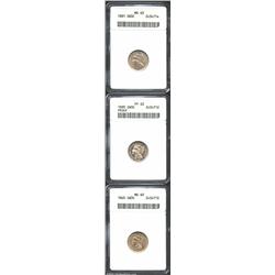 1865 3CN MS60 ANACS, yellow and green-gray patina, well struck, planchet flaws (as struck) behind th