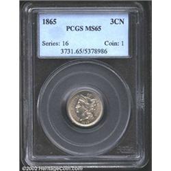 1865 3CN MS65 PCGS. A lustrous steel-gray patina. Some doubling on the legends, and a clear die clas