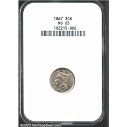 1867 3CN MS65 NGC. Gentle lilac and green-gold colors. A lustrous Gem with gorgeous preservation. Th