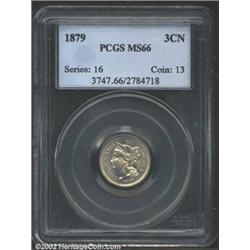 1879 3CN MS66 PCGS. Wispy gold patina. A razor-sharp and lustrous Gem with mildly prooflike fields..