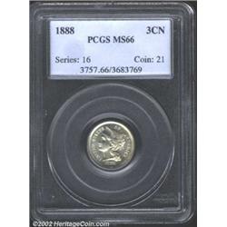 1888 3CN MS66 PCGS. Steely smooth virtually distraction free surfaces with brief flashes of light ye