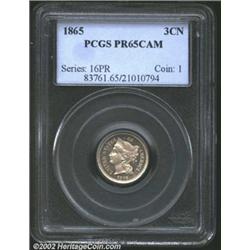 1865 3CN PR65 Cameo PCGS. Proof production in this first year of the Three Cent Nickel design is est