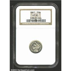 1867 3CN PR63 NGC. Lightly streaked with yellow-brown patina. The pillars of the denomination are sl