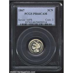 1867 3CN PR66 Cameo PCGS. One of two 1867 Three Cent Nickels in this sale graded PR66 Cameo, this co