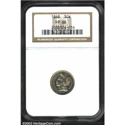1868 3CN PR66 NGC. Pastel tinged iridescence dances across both sides in champagne, apricot, and lil