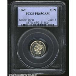 1869 3CN PR65 Cameo PCGS. A nicely struck Gem with good cameo contrast and imposing surfaces. A tiny