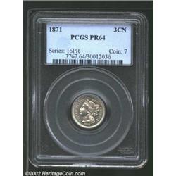 1871 3CN PR64 PCGS. The borders have hints of lilac and apricot color. A sharply struck near-Gem wit