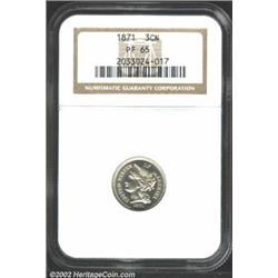 1871 3CN PR65 NGC. A brilliant Gem with a bold strike and clean surfaces. The right side of the bow.
