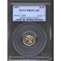 1871 3CN PR65 Cameo PCGS. The well mirrored fields and lightly frosted devices shimmer with original