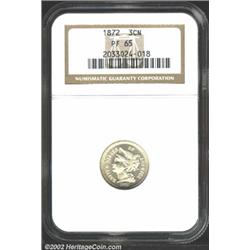 1872 3CN PR65 NGC. Some original golden-orange iridescence is seen on the reverse, the obverse is mo
