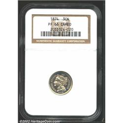 1874 3CN PR66 Cameo NGC. This is a well contrasted Gem with sharp, frosty textured devices and glass