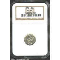 1878 3CN PR63 NGC. Slightly warm golden hues on this otherwise steely proof. Moderately clean surfac