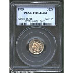 1879 3CN PR66 Cameo PCGS. Steely gray patination gives way to very slight light crimson wash over Li