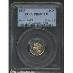 1879 3CN PR67 Cameo PCGS. Hints of gold patina grace each side. A razor-sharp Superb Gem with seemin