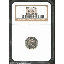 1881 3CN PR67 NGC. Gunmetal surfaces contrast nicely with the silky devices producing a slight cameo