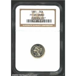 1881 3CN PR65 Cameo NGC. Pleasing cameo contrast with a very slight golden patina. While somewhat la