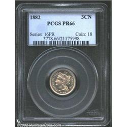 1882 3CN PR66 PCGS. Variegated pale gold patina. Well struck and exquisitely preserved. A die crack.