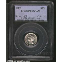 1882 3CN PR67 Cameo PCGS. Clean mirrored fields contrast nicely with the moderately frosted devices.