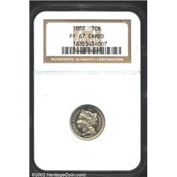 1882 3CN PR67 Cameo NGC. A gorgeous and well struck Superb Gem that has dusky gold patina. The cameo