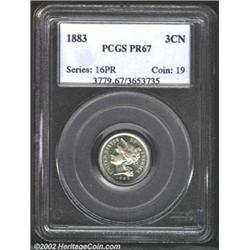 1883 3CN PR67 PCGS. Lovely pastel lilac and gold patina. The mirrored fields have surprising cartwhe