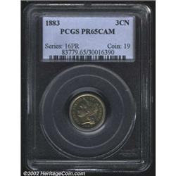 1883 3CN PR65 Cameo PCGS. Lovely subdued orange patination covers both fields of this pleasing Cameo