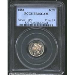 1883 3CN PR66 Cameo PCGS. Both sides have light tan-gold patina. A razor-sharp Gem that has seemingl