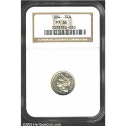 1884 3CN PR66 NGC. Light orange and powder blue patination overlay this coin's lustrous steely surfa
