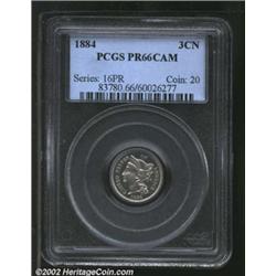1884 3CN PR66 Cameo PCGS. Bountiful mint frost overlays the obverse portrait, a feature that contras