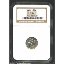 1885 3CN PR64 NGC. Light yellow patina and a few crimson streaks overlie this coin's proof surfaces.