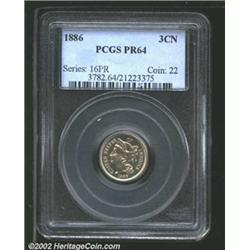 1886 3CN PR64 PCGS. A well struck near-Gem with impressive surfaces and light pale-gold color. A cur