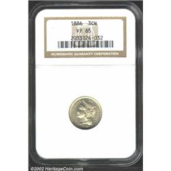 1886 3CN PR65 NGC. This is a bright, distraction-free Gem with a lovely blanket of golden iridescenc