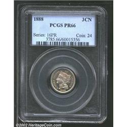 1888 3CN PR66 PCGS. Overlapping swirls of gold, powder-blue, lavender, and champagne iridescence dri