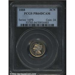 1888 3CN PR64 Deep Cameo PCGS. The mirrored fields reflect gorgeous aqua, gold, and violet colors. A