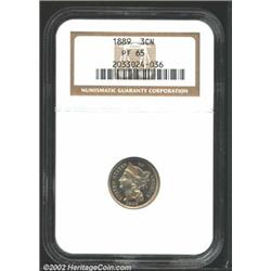 1889 3CN PR65 NGC. This final-year specimen displays mottled golden-champagne iridescence over brigh