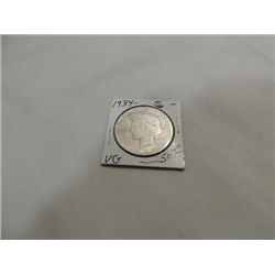 1934-S CIRCULATED (VG) PEACE SILVER DOLLAR